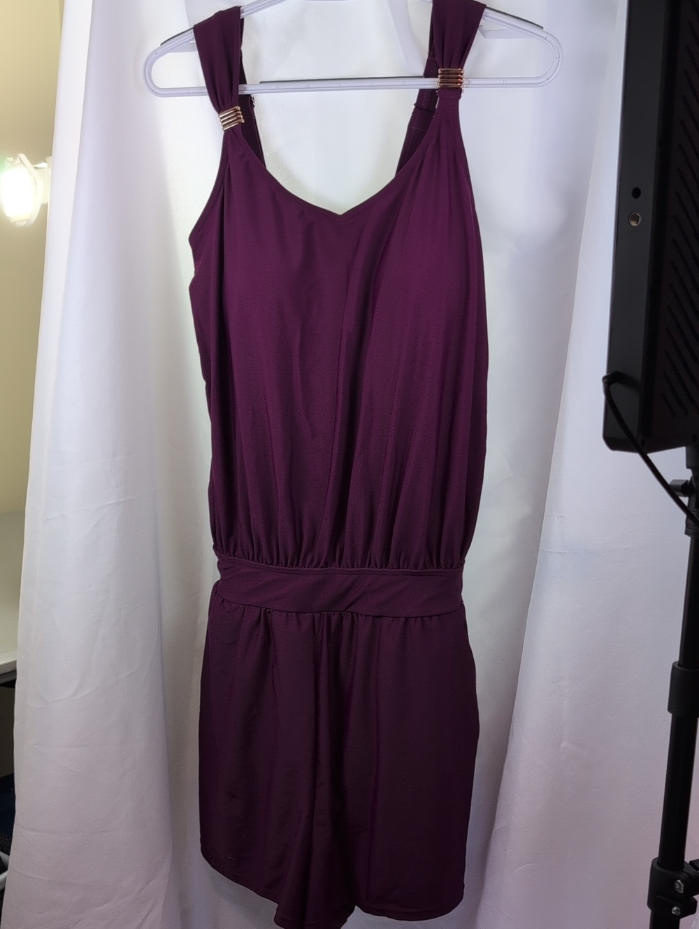 BloomChic Plum Romper Swimsuit with Gold Ring Accent and Pockets
